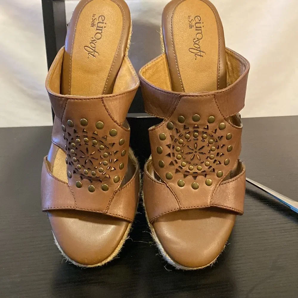 Euro soft by Sofft Boho leather espadrille/wedge heel mules size 7.5